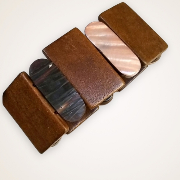 Vintage 1970s Wood and Acrylic Stretch Cuff Bracelet - Picture 2 of 16